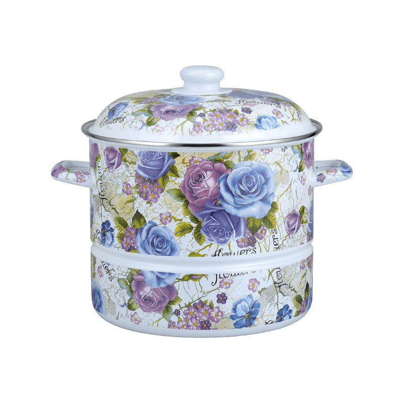 756 ডি স্টেইনলেস স্টিল রাউন্ড রিম স্টিমার এনামেল পট স্টিমিং ট্রে সহ